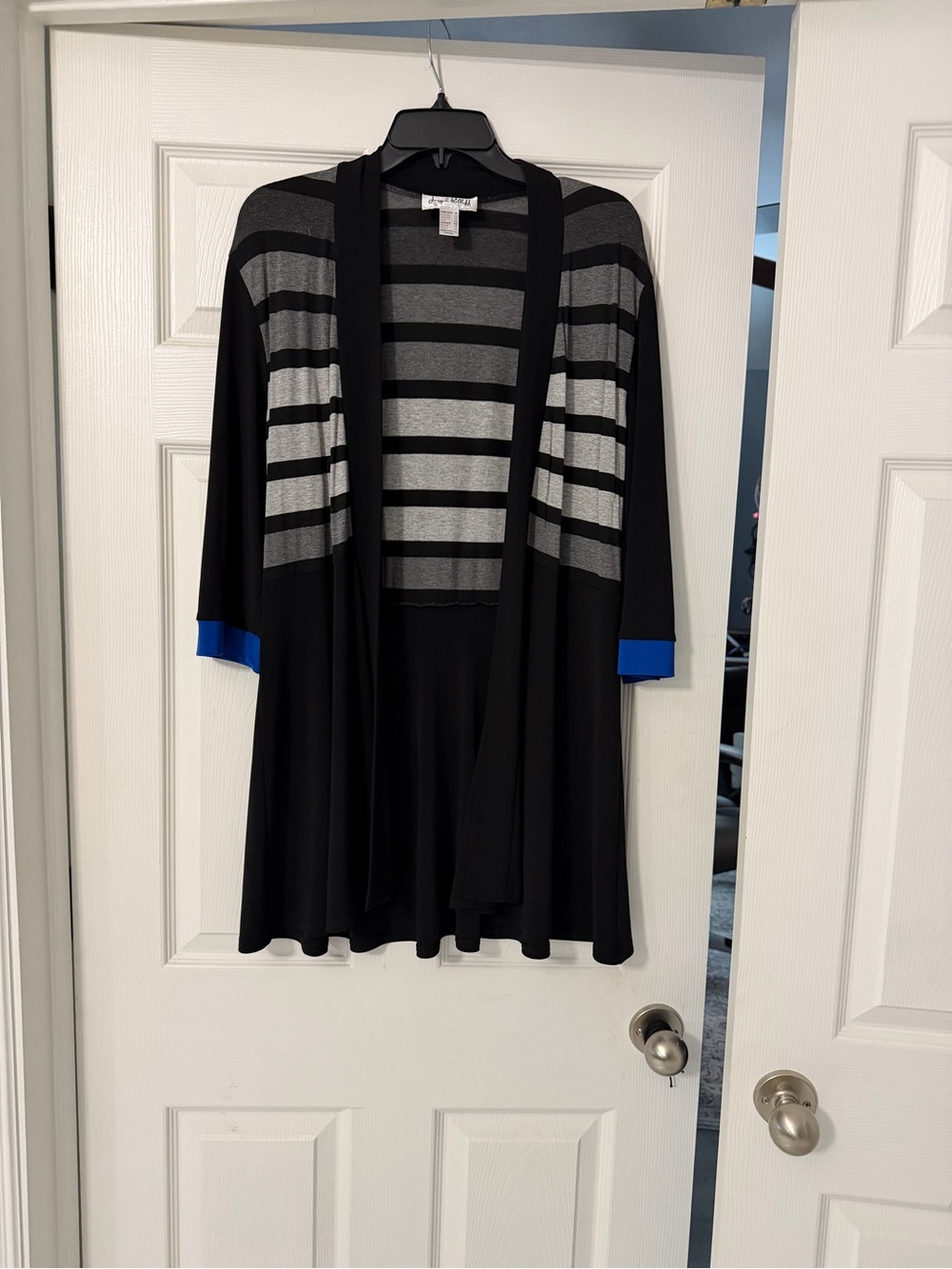 Joseph Ribkoff Black and Gray Striped Open-Front Cardigan with Blue Cuff Accent